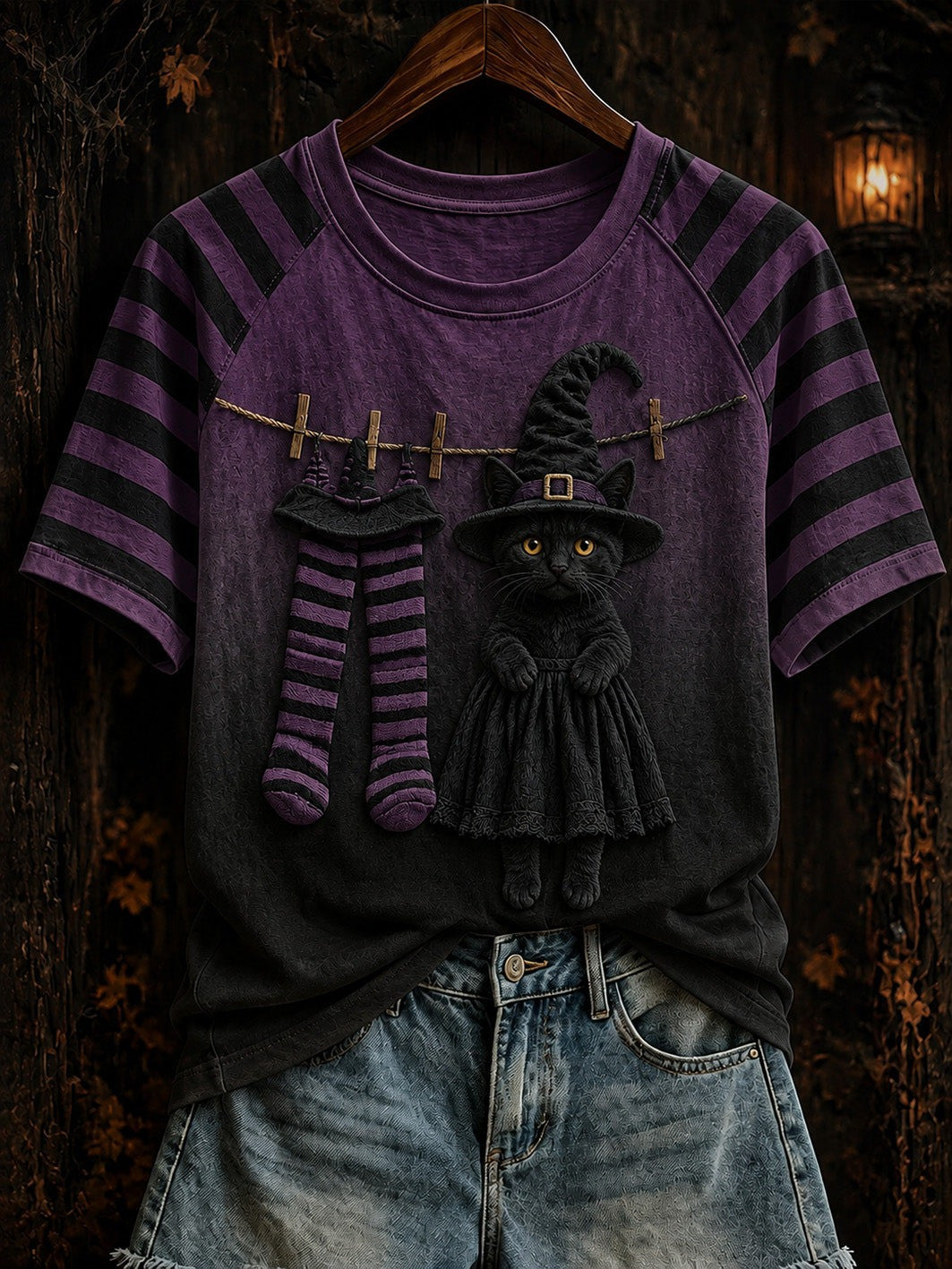 Halloween Theme Witch Cat Pattern T-Shirt Cat Presents Christmas
