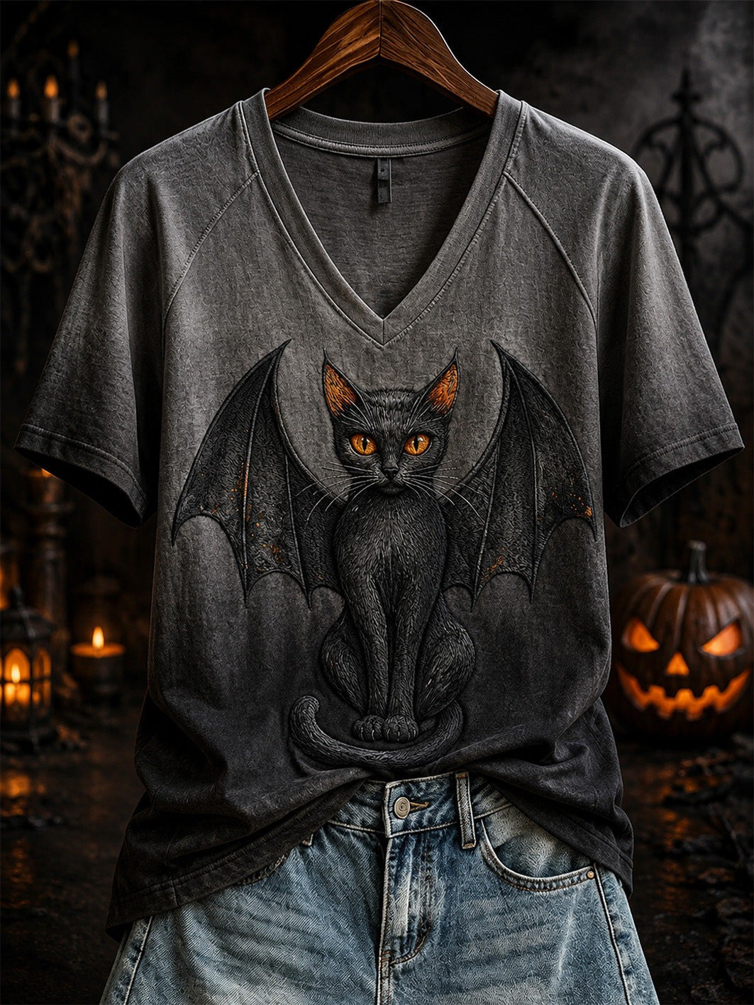 Halloween Bat Cat Pattern V-Neck T-Shirt Gifts For Halloween Night