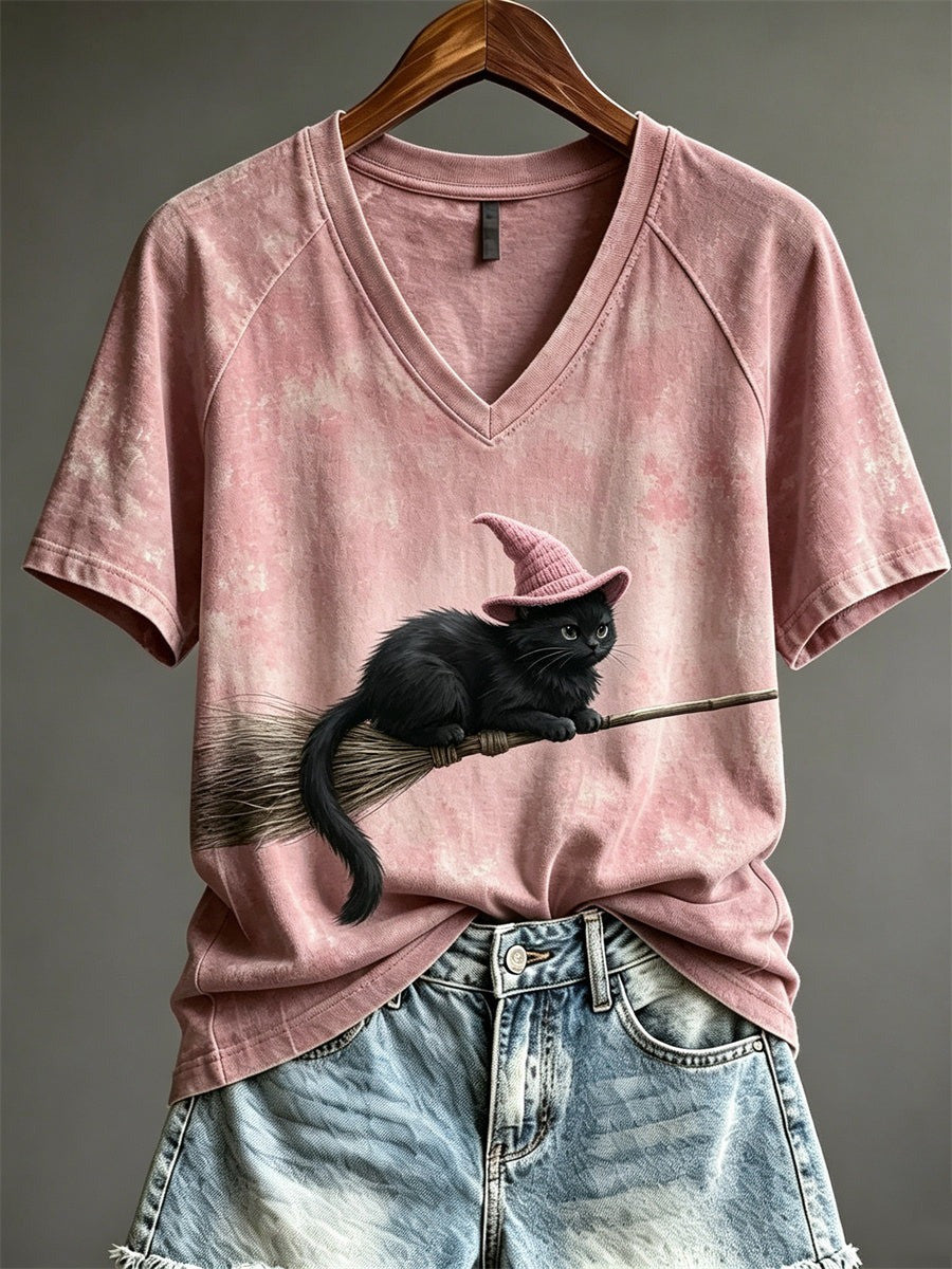 Halloween Flying Fuzzy Witch Cat On Broom V-Neck T-Shirt Halloween Night Apparel