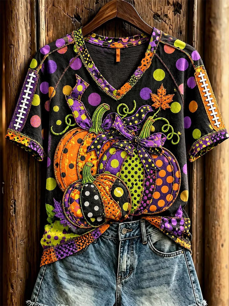 Halloween Pumpkin V-Neck T-Shirt Halloween Vibrant Patterned Apparel Gift For Wife