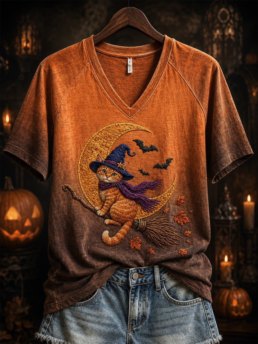 Halloween Witch Cat Pattern V-Neck T-Shirt Cat Gifts For Cat Lovers
