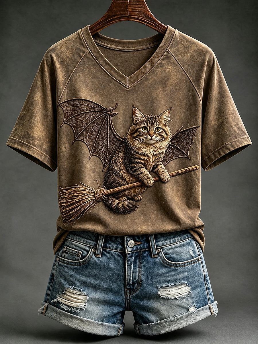 Halloween Witch Cat With Bat Wings V-Neck T-Shirt Halloween Gift For Women