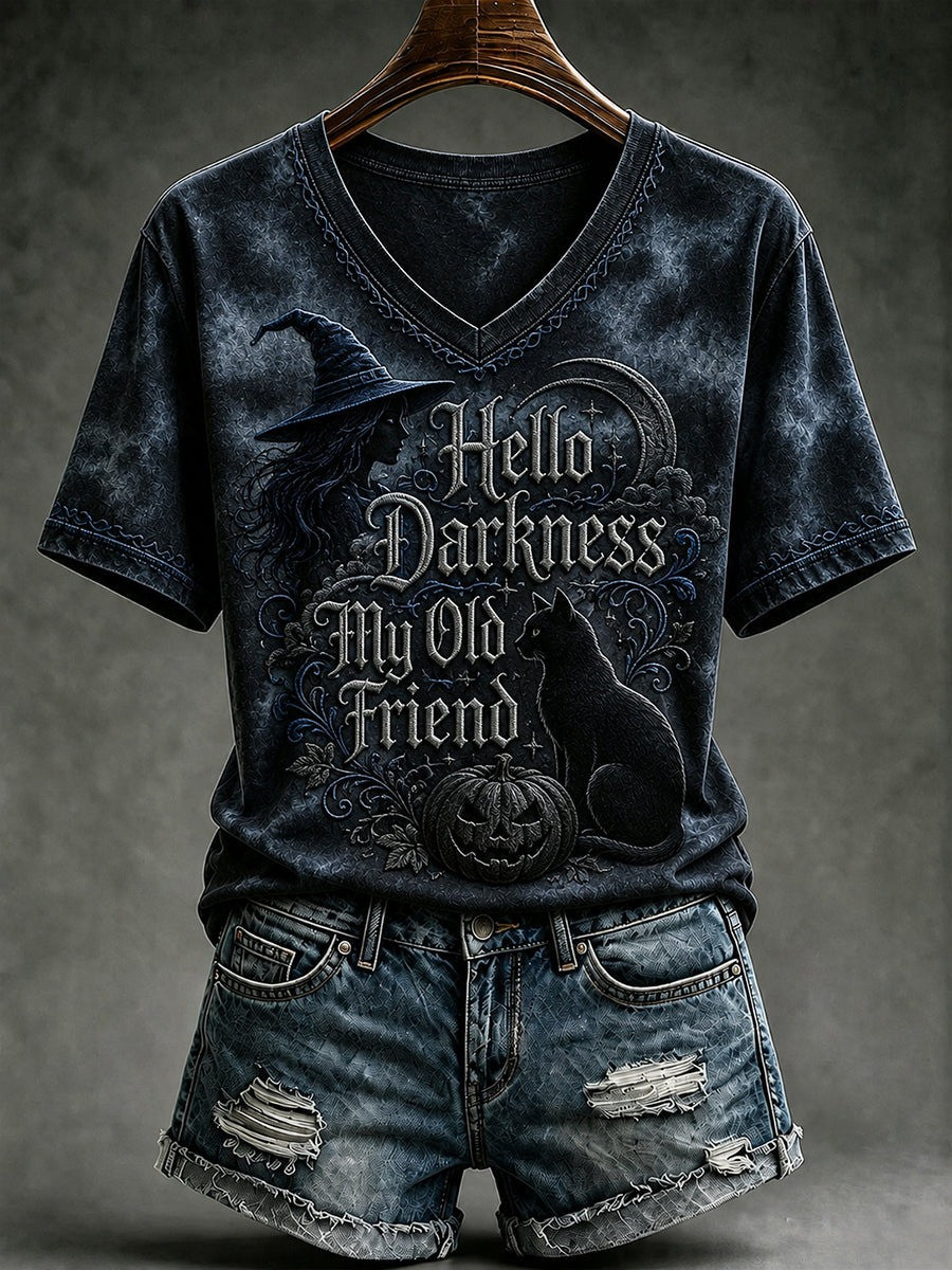 Hello Darkness My Old Friend V-Neck T-Shirt Halloween Night Apparel