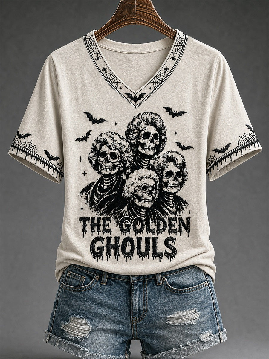 The Golden Ghouls Skeleton Skulls V-Neck T-Shirt Halloween Nights Gifts