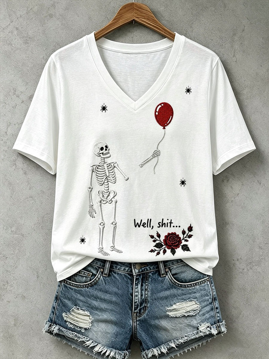Halloween Gothic Skull V-Neck T-Shirt Halloween Night Apparel Gift For Her