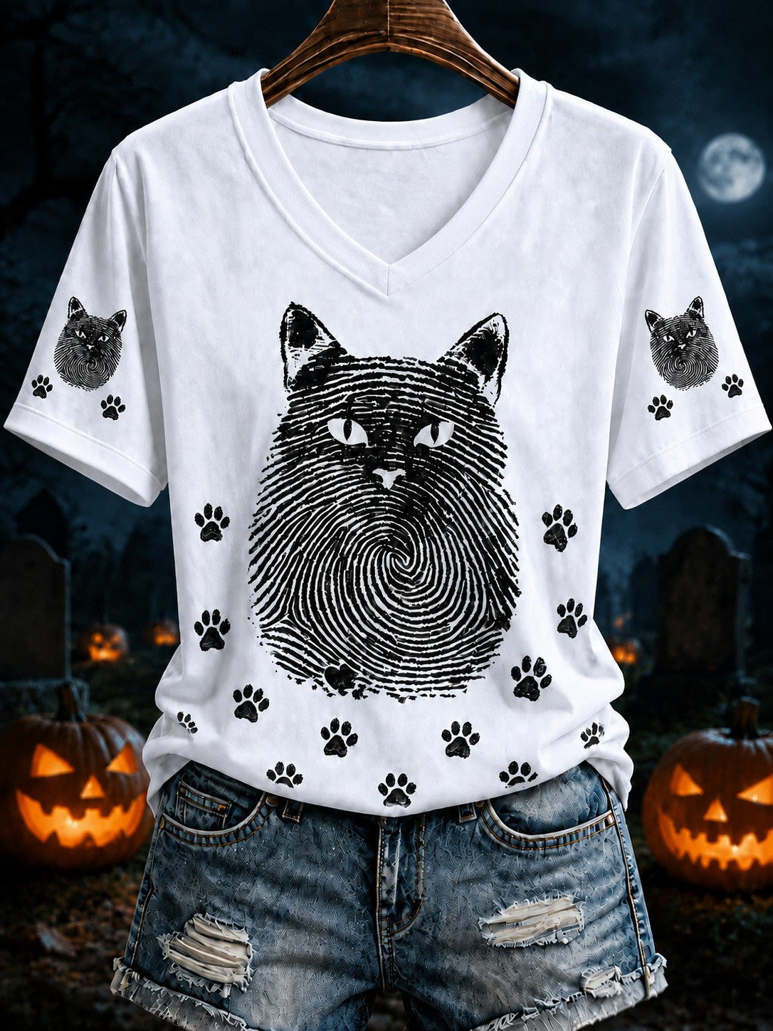Black Cat Stripes V-Neck T-Shirt Halloween Night Clothes Cat Themed Gifts