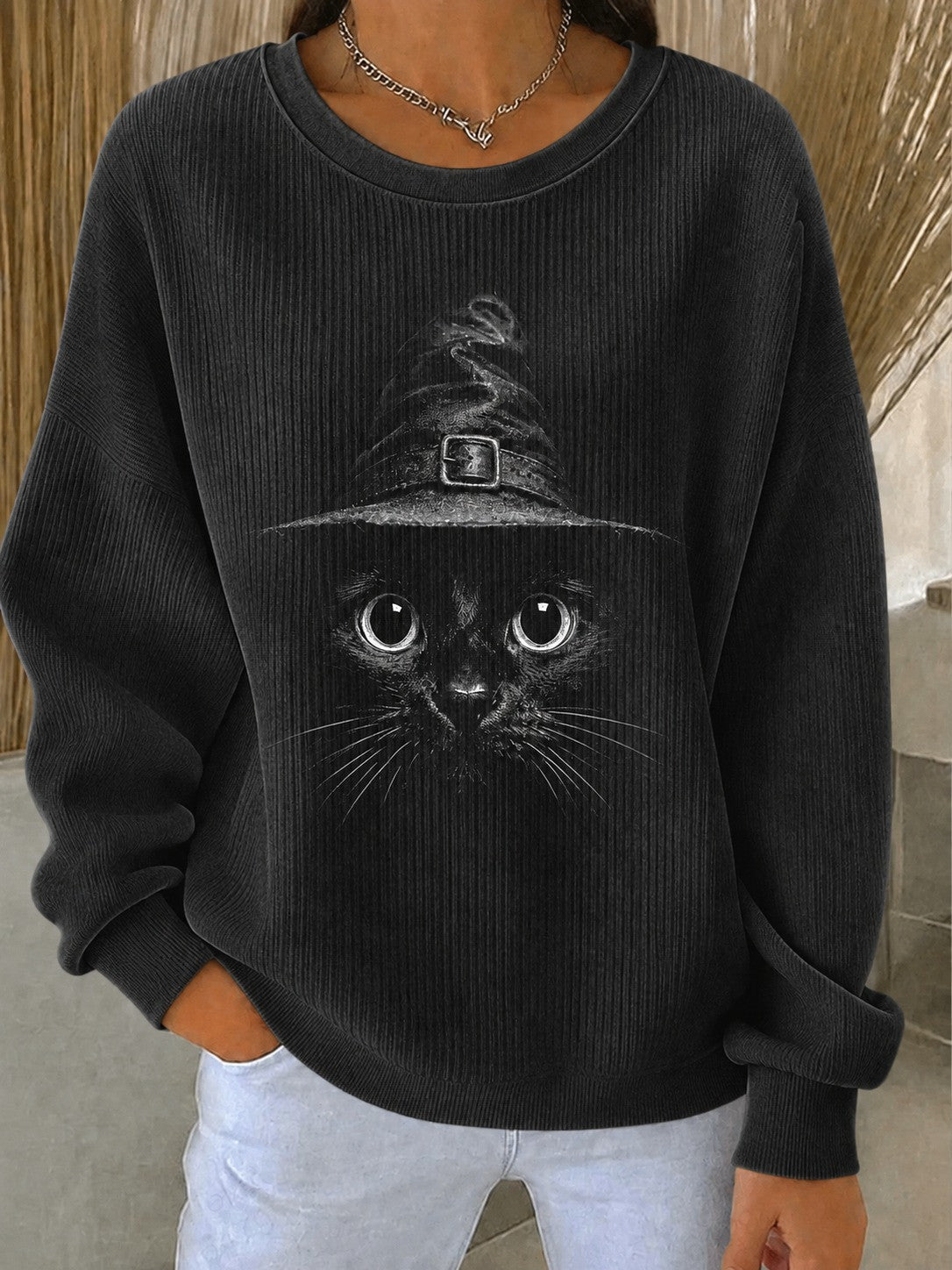 Halloween Cat Ribbed Sweatshirt Spooky Season Pumpkin Clothes