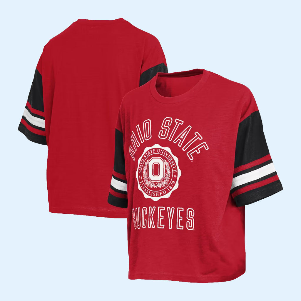Ohio State Football Merch 2026 Ohio State Buckeyes Sunday Colorblock Seal T-Shirt Gift For Her