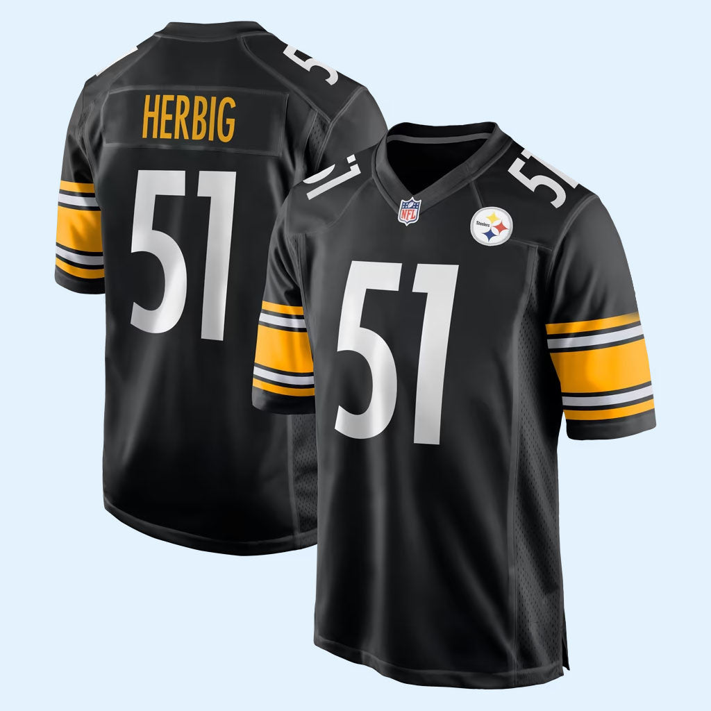 Nick Herbig Jersey Shirt #51 Pittsburgh Steelers Merch 2026 Black Game Jersey Football Fan Gear