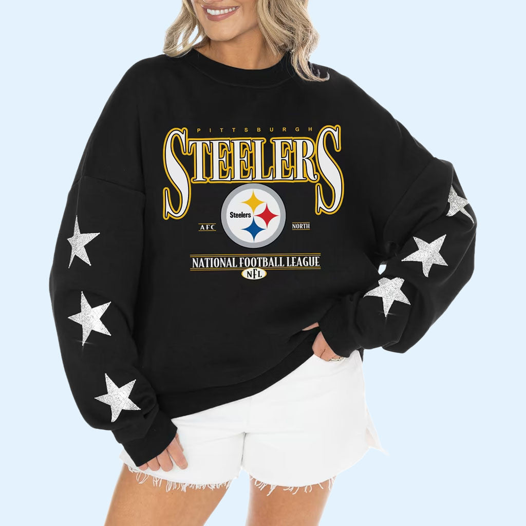 Pittsburgh Steelers Merch 2026 Pittsburgh Steelers Star Sleeve Settle The Score Sweatshirt Black
