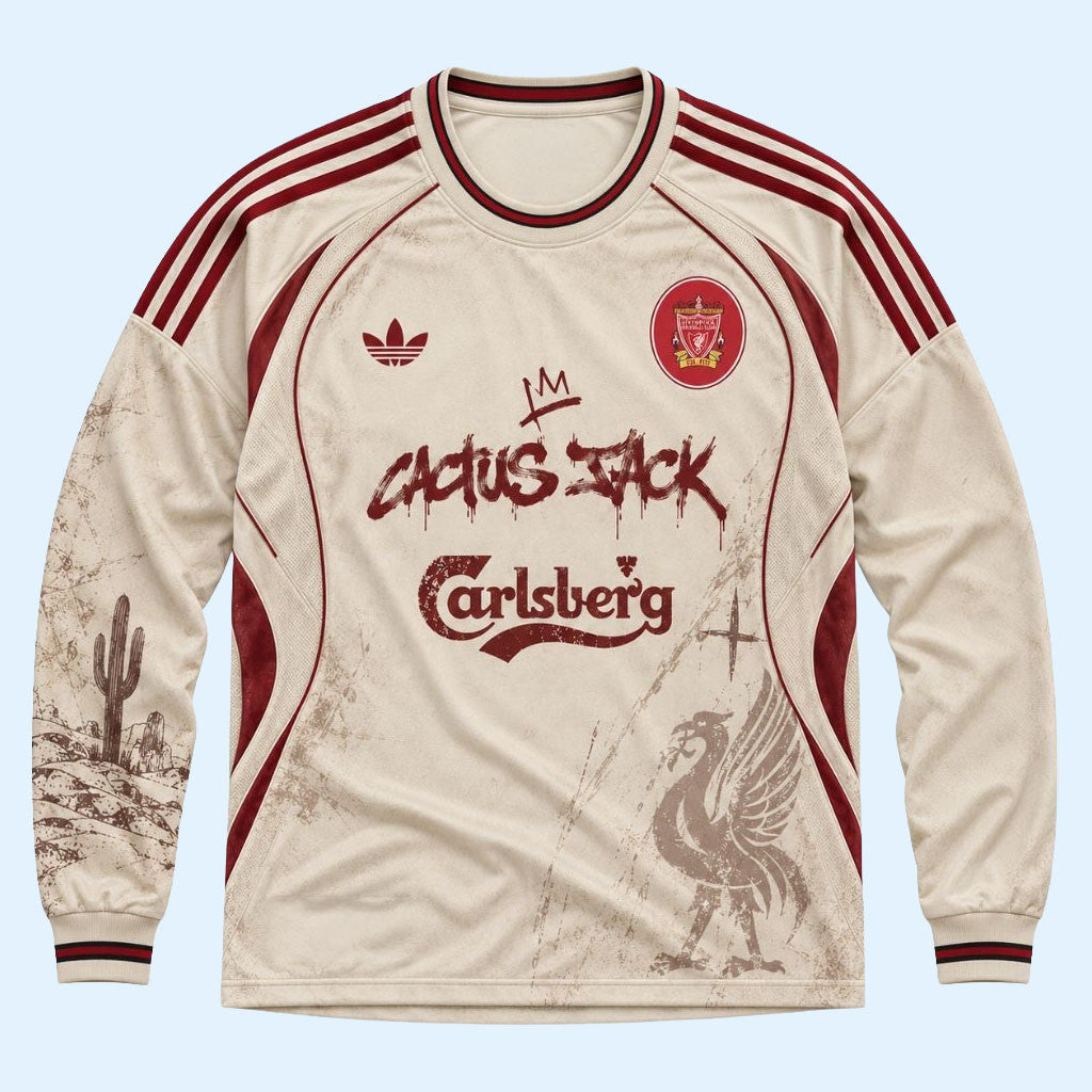 Cactus Jack X Liverpool FC Merch 2026 Cactus Jack Carlsberg Retro Long Sleeve Jersey Fan Gear