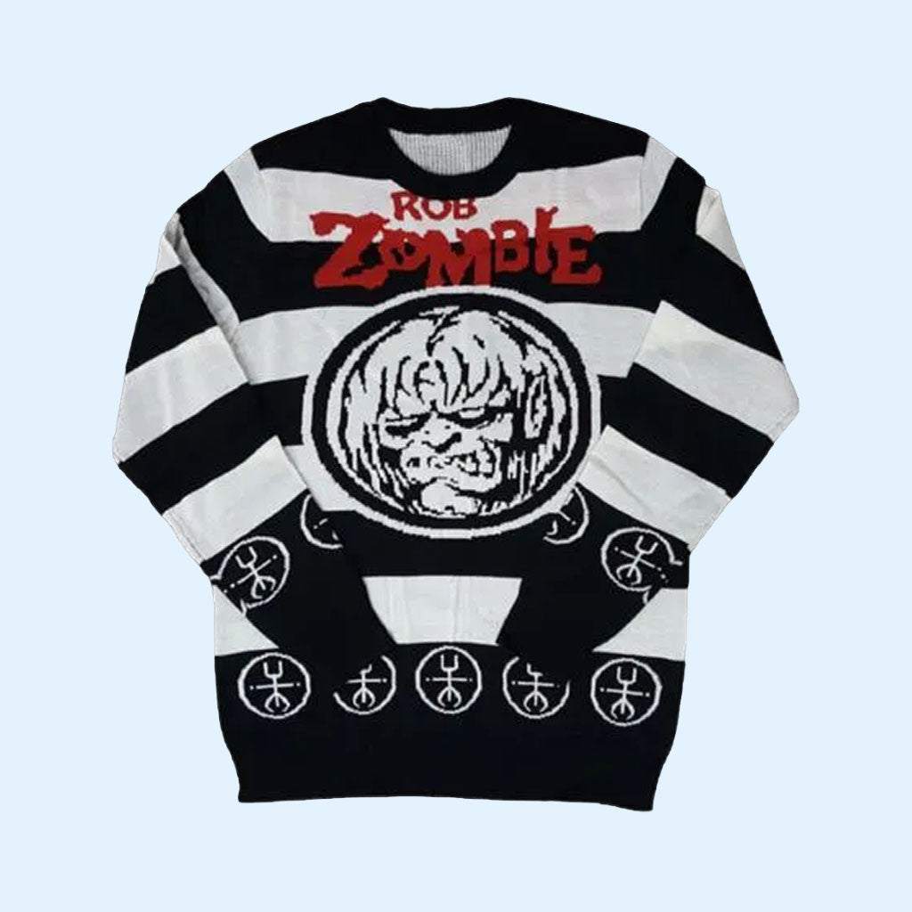 Rob Zombie Merch 2026 Rob Zombie Signature Zombie Head Stripe Christmas Ugly Sweater Xmas Gifts