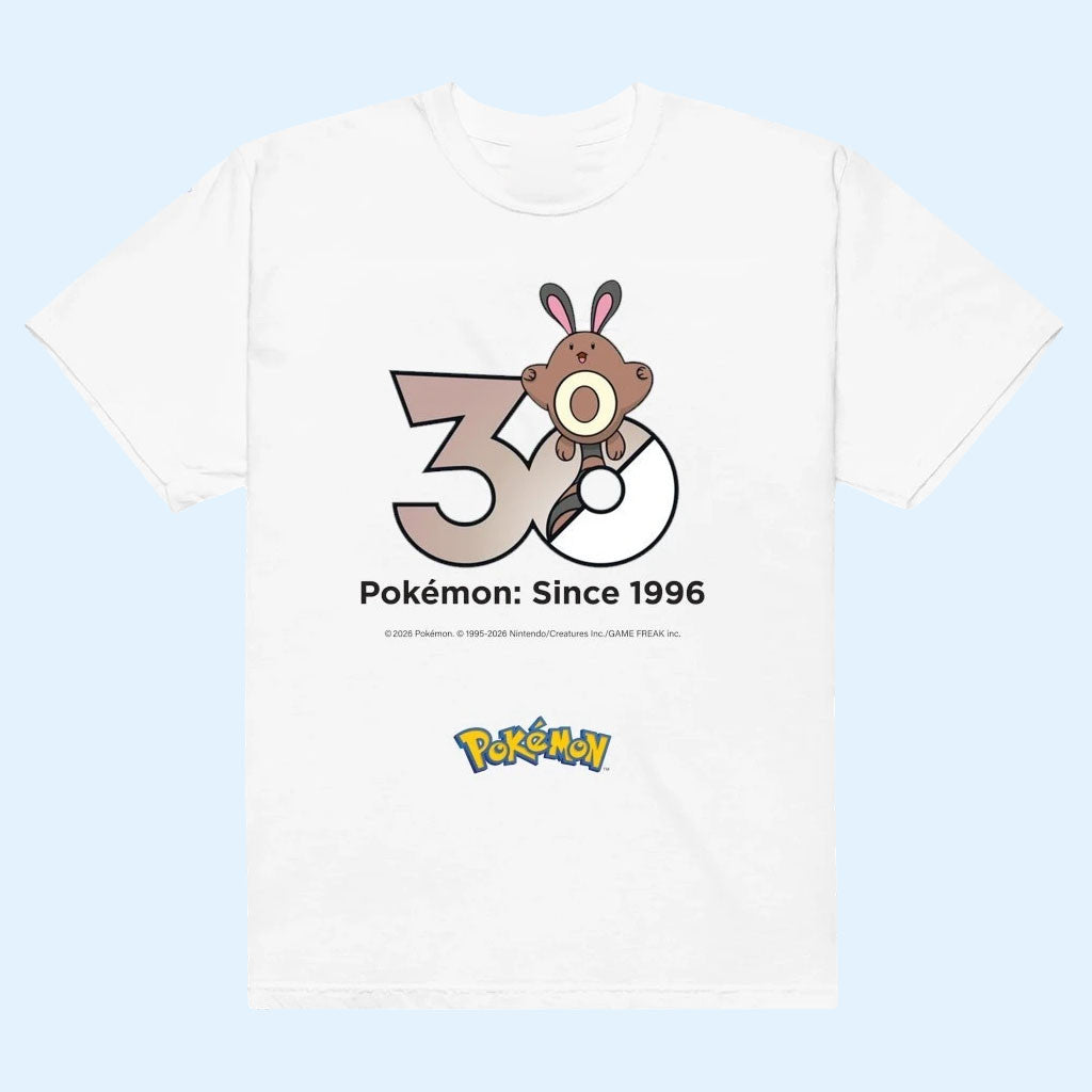 Pokemon Merch 2026 Sentret Pokemon 30th Anniversary Logo T-Shirt Since 1996 Shirt White