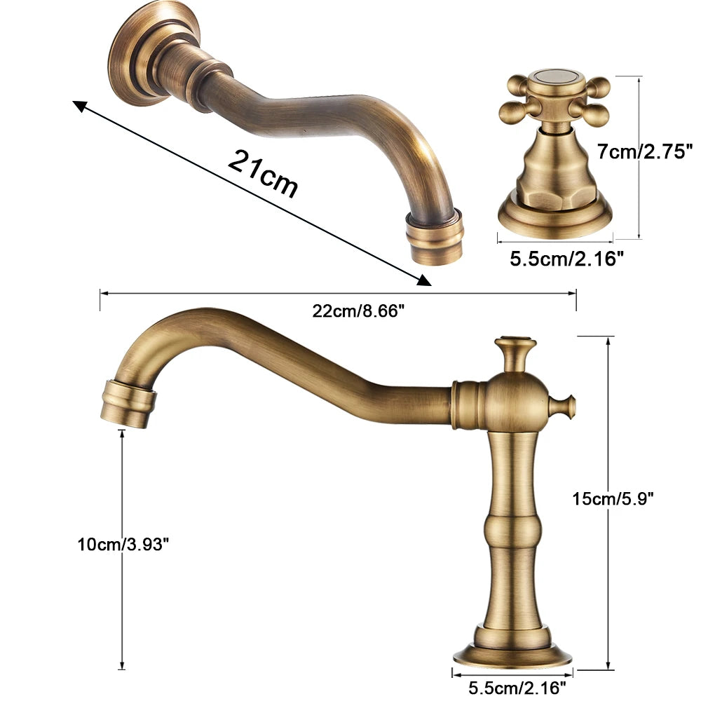 Widespread Bathroom Mixer - Antique Brass - Dual Handle Tap