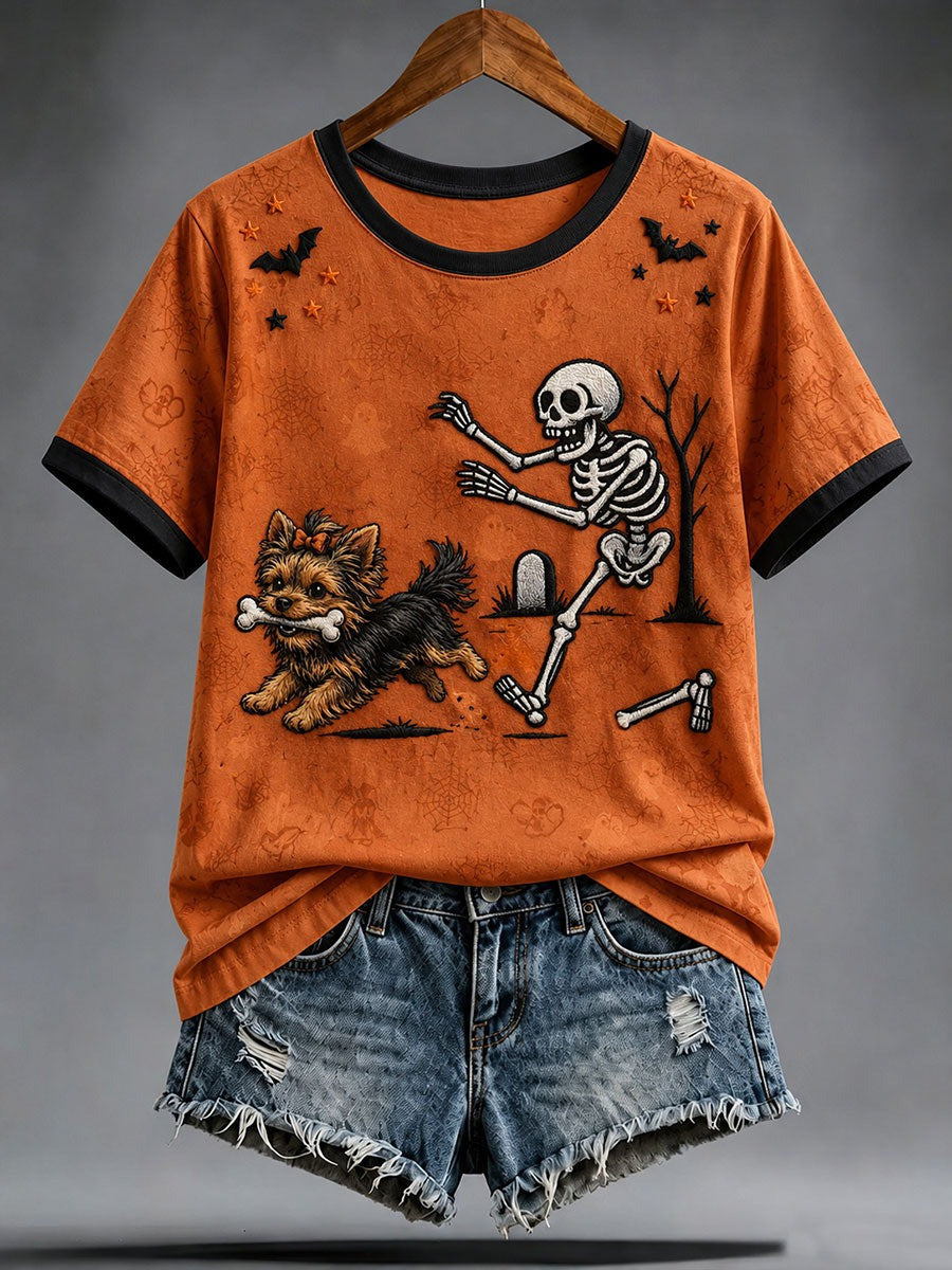 Skeleton Chases Yorkshire T-Shirt Halloween Spooky Pet Tee Gift
