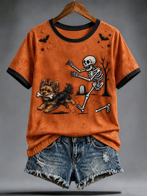 Skeleton Chases Yorkshire T-Shirt Halloween Spooky Pet Tee Gift