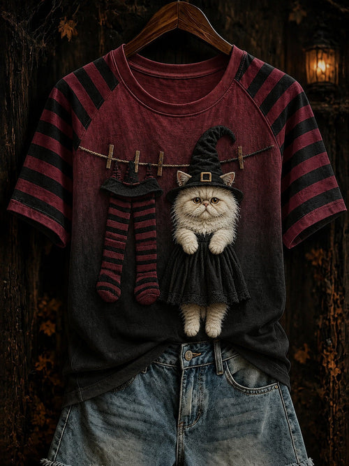 Halloween Theme Witch Cat Pattern T-Shirt Gifts For A Cat Lover