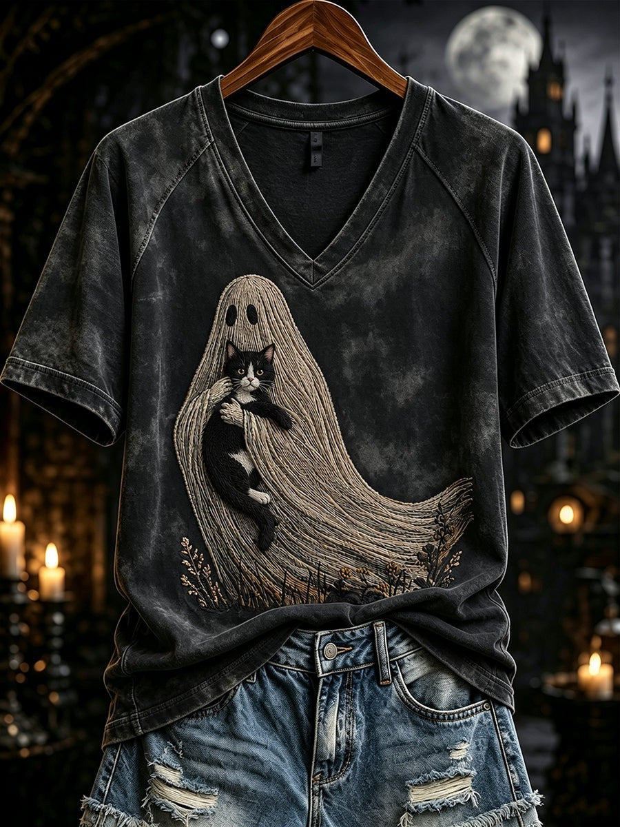 A Ghost Holding A Cat V-Neck T-Shirt Halloween Night Apparel Bestie Gift