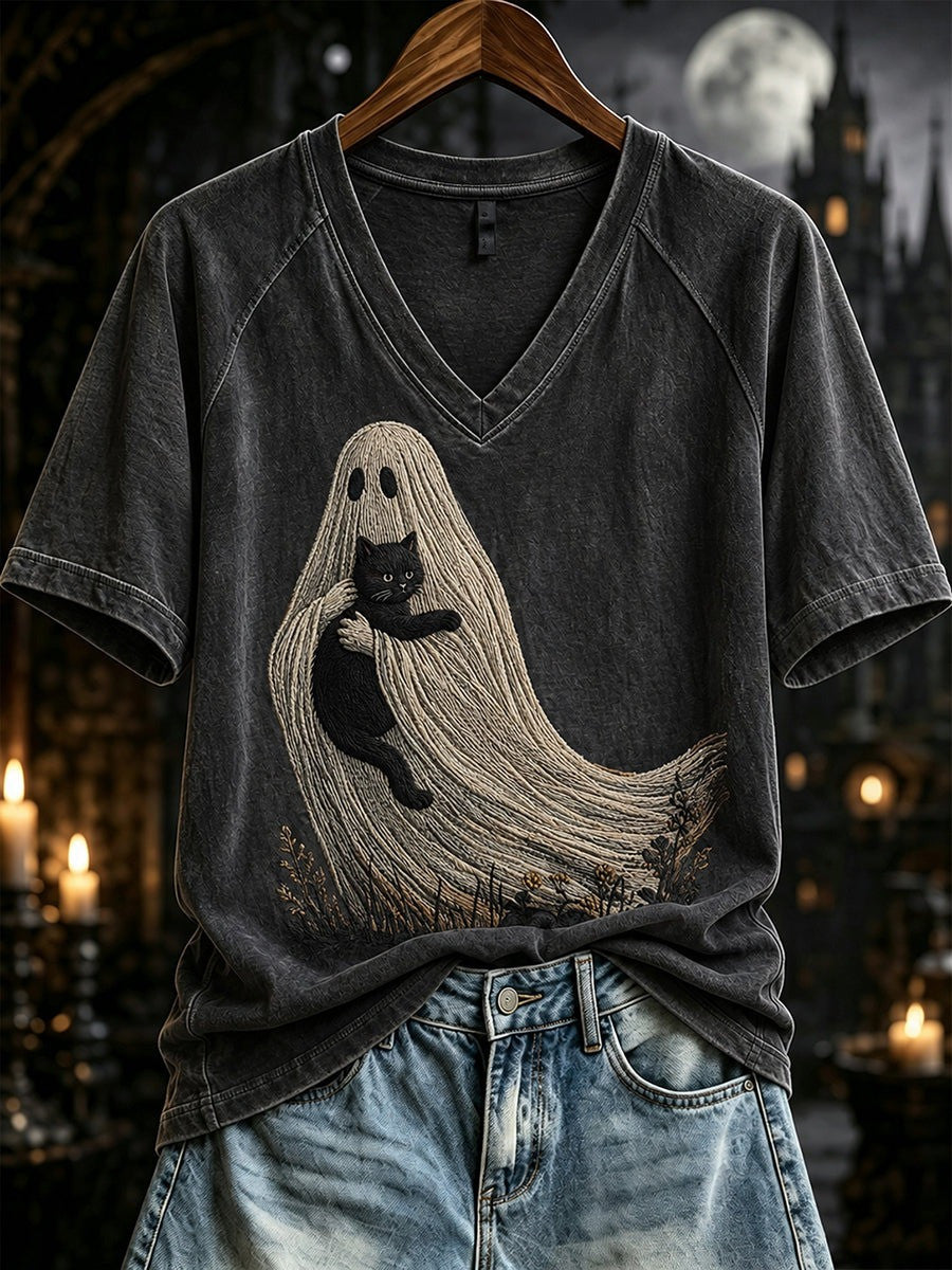 A Ghost Holding A Cat V-Neck T-Shirt Halloween Night Apparel Halloween Gift