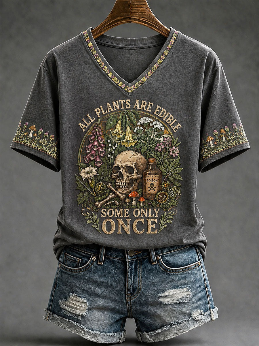 All Plants Are Edible Some Only Once Halloween Floral V-Neck T-Shirt Gift For Friends
