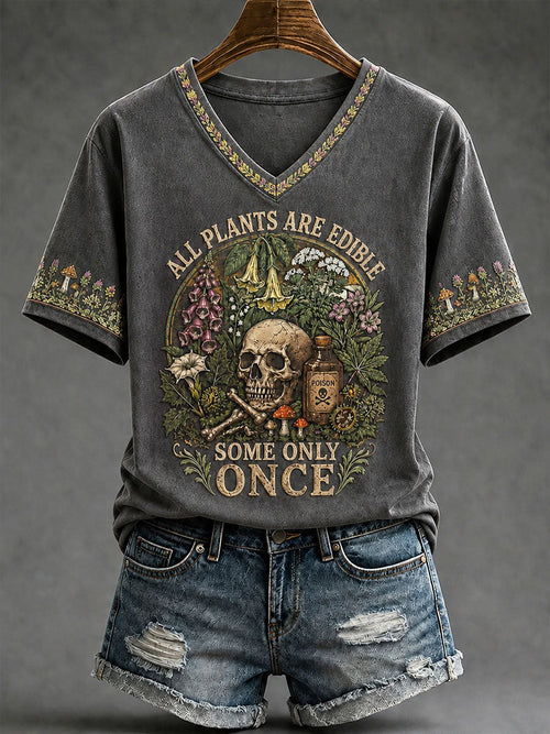 All Plants Are Edible Some Only Once Halloween Floral V-Neck T-Shirt Gift For Friends