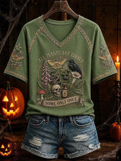 All Plants Are Edible Some Only Once Halloween Floral V-Neck T-Shirt Gift For Mother