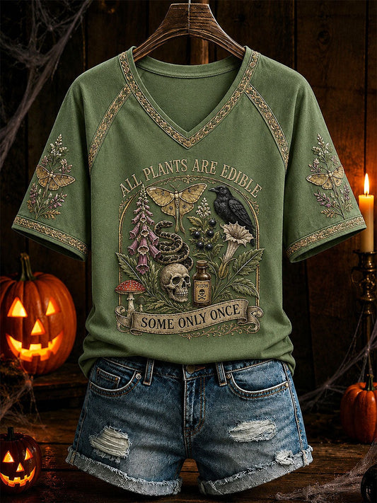 All Plants Are Edible Some Only Once Halloween Floral V-Neck T-Shirt Gift For Mother