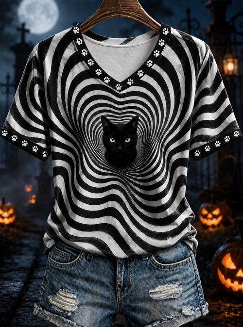 Black Cat Stripes V-Neck T-Shirt Halloween Night Clothes Gift Ideas For Her