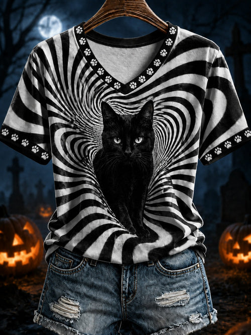 Black Cat Stripes V-Neck T-Shirt Halloween Night Clothes Gifts For A Cat Lover