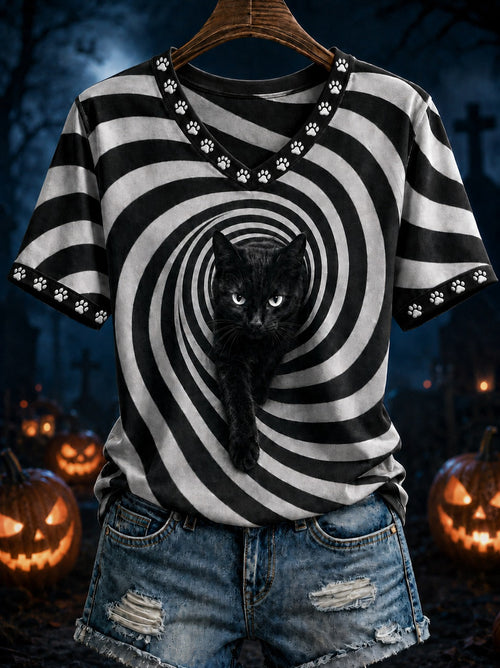 Black Cat Stripes V-Neck T-Shirt Halloween Night Clothes Items For Cat Lovers