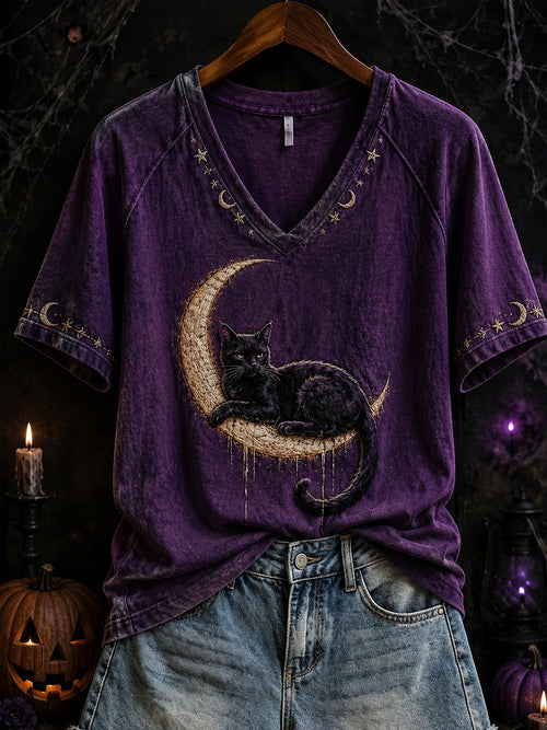 Halloween Cat Pattern V-Neck T-Shirt Black Cat Clothes Gifts For Cat Owners