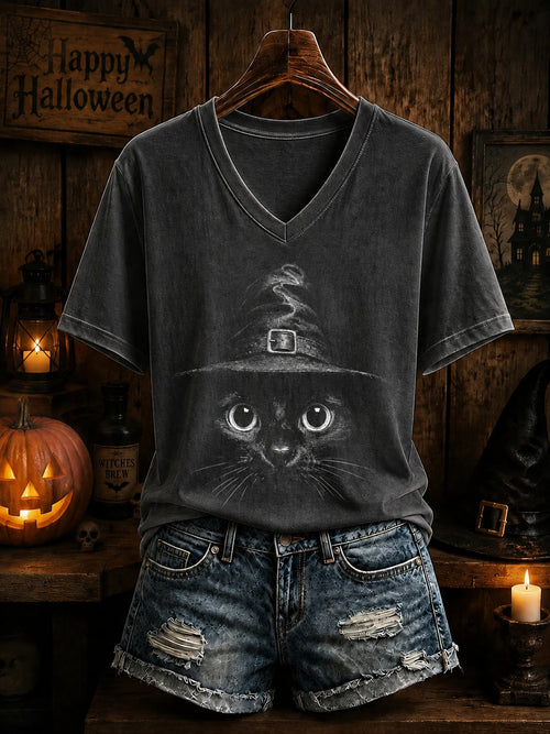 Halloween Cat V-Neck T-Shirt Gothic Halloween Shirt Gifts For Sister