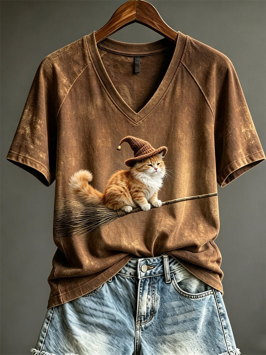 Halloween Flying Fuzzy Witch Cat On Broom V-Neck T-Shirt Gift For Cat Lover