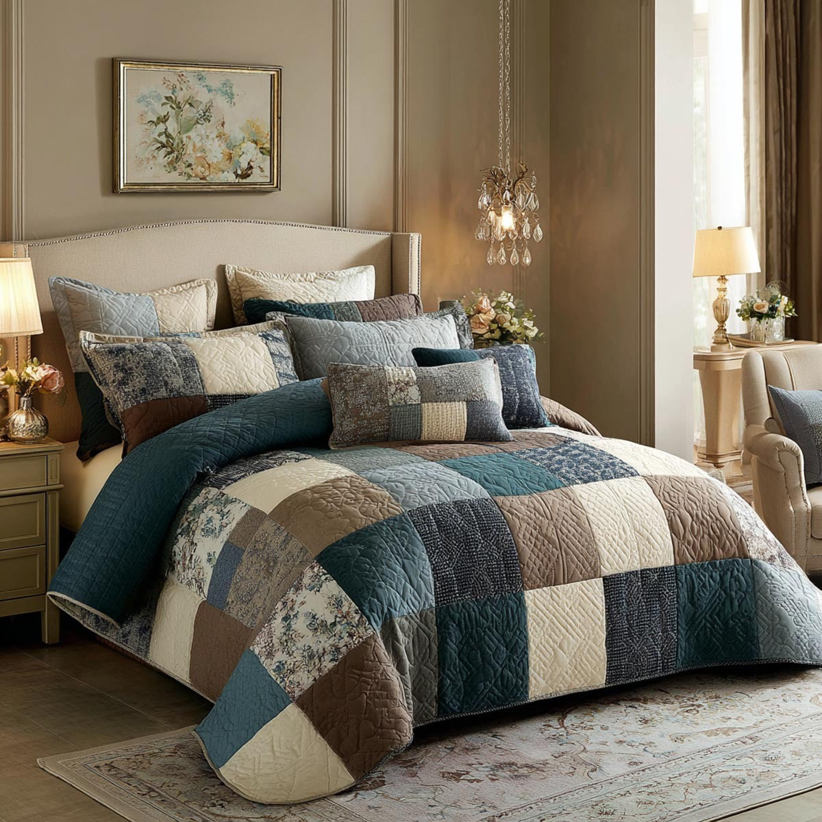 Country Patchwork Quilted Bedding Set Neutral Plaid Bedroom Decor Gift For Friend