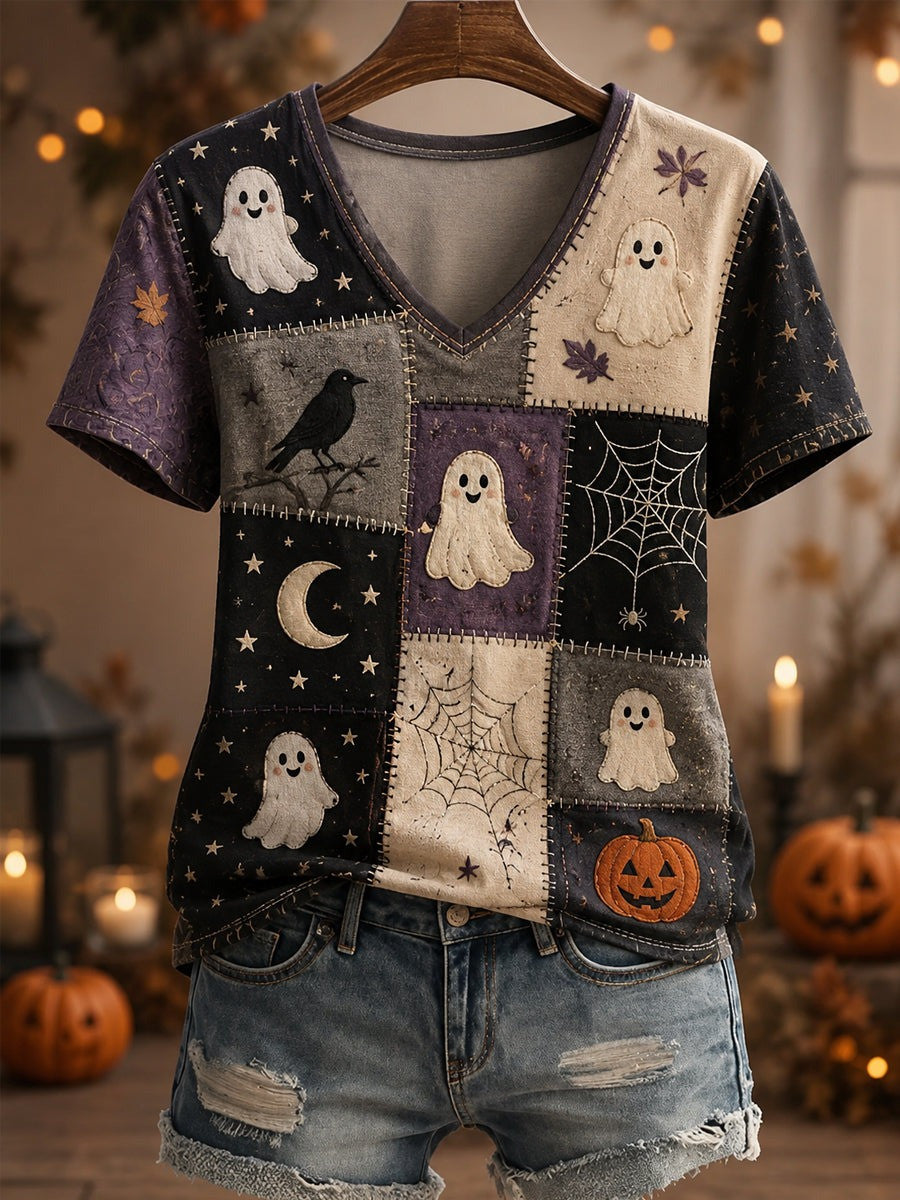 Halloween Ghost Pumpkin Face Patchwork V-Neck T-Shirt Gift For Halloween Night