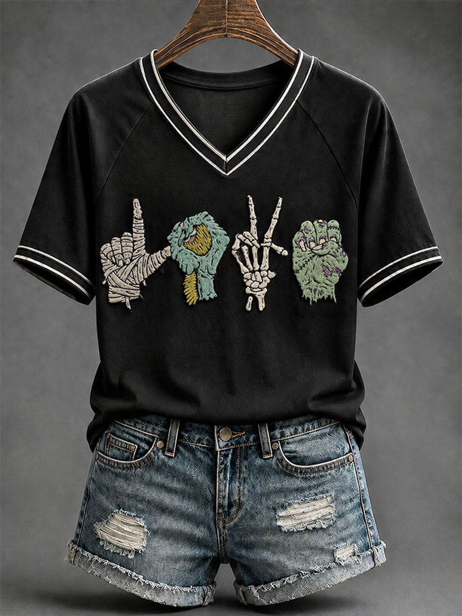 Halloween Monster Gesture V-Neck T-Shirt Halloween Night Apparel Gift For Bestie