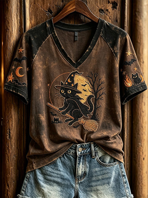 Halloween Witch Cat Pattern V-Neck T-Shirt Spooky Kitten Outfits