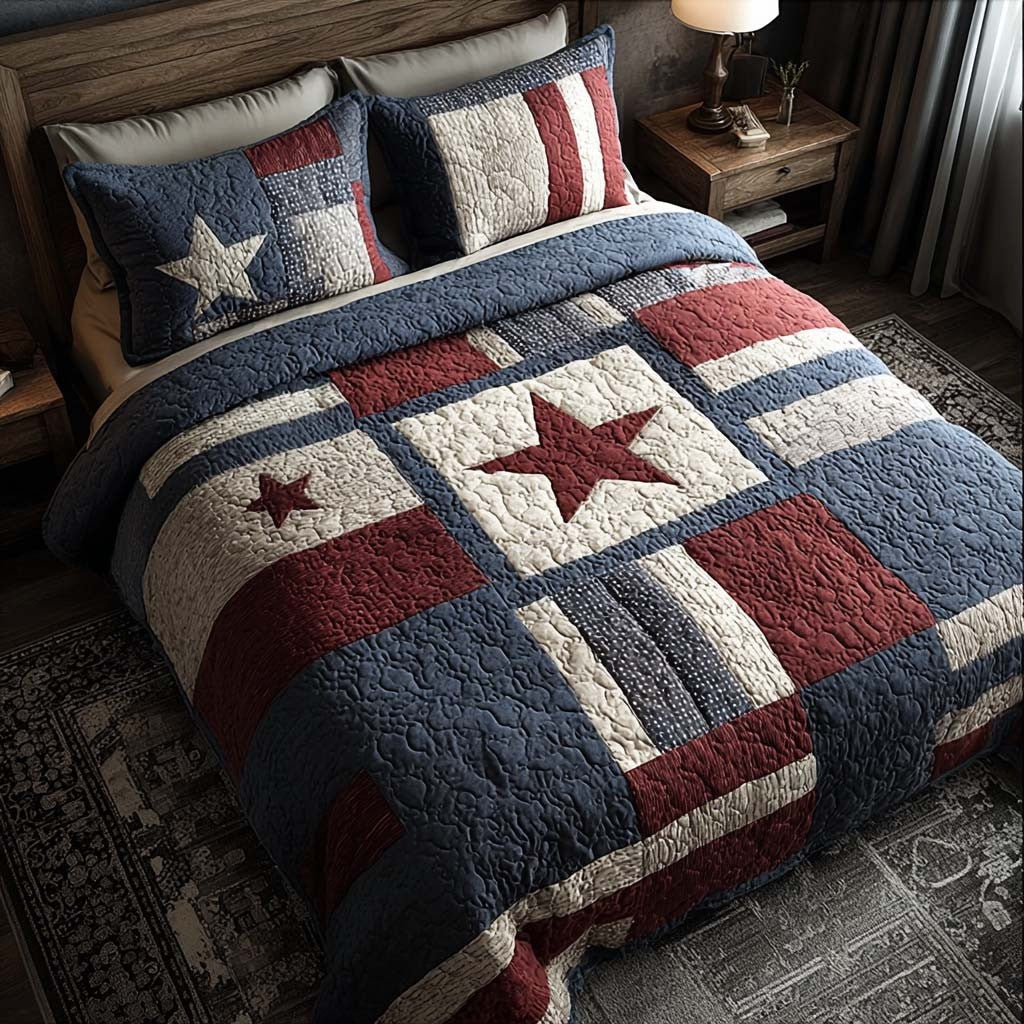 Patriotic Patchwork Classic Quilted Bedding Set Texas Star Bedroom Decor Gift For Fans