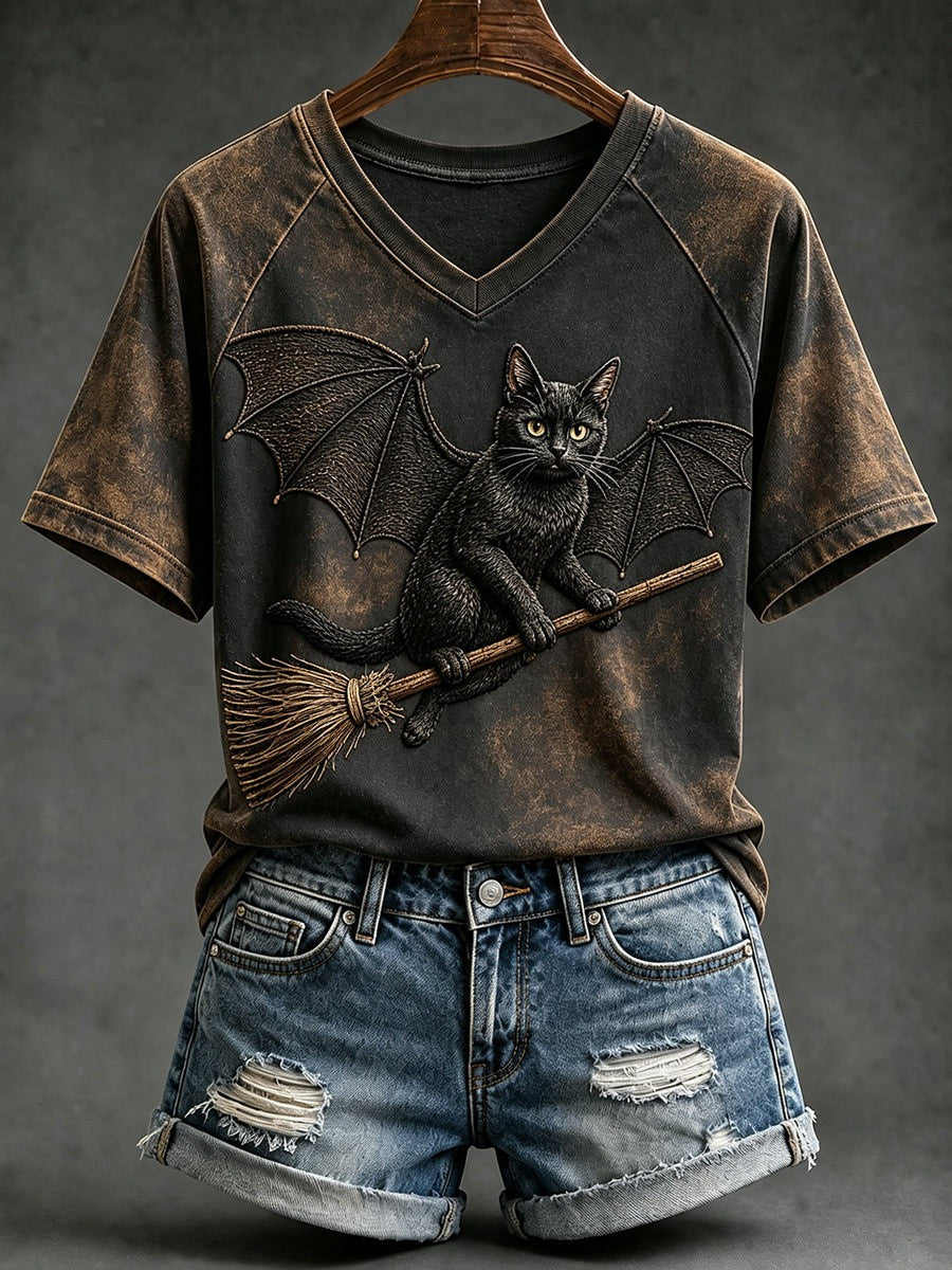 Halloween Witch Cat with Bat Wings V-Neck T-Shirt Halloween Gift For Mom