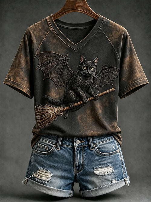 Halloween Witch Cat with Bat Wings V-Neck T-Shirt Halloween Gift For Mom