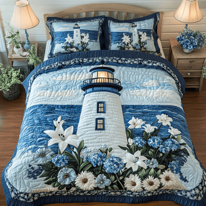 Tranquil Lighthouse Quilted Bedding Set Nautical Coastal King Holiday Room Decor