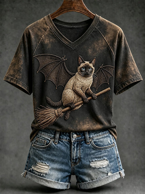 Halloween Witch Cat With Bat Wings V-Neck T-Shirt Spooky Kitten Apparel