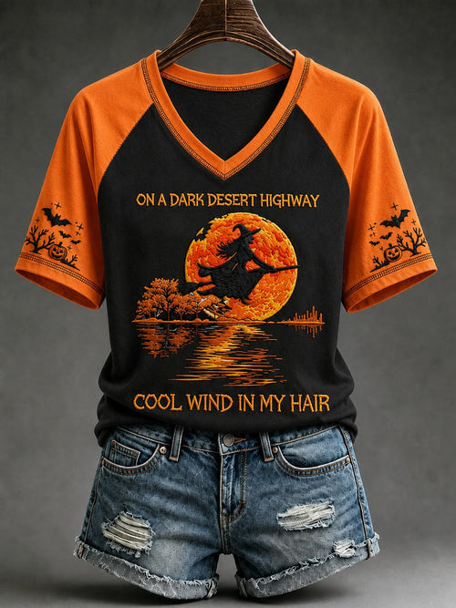 Halloween Witch Pumpkin Bat V-Neck T-Shirt Halloween Night Clothes