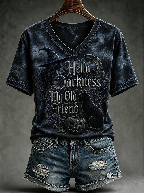 Hello Darkness My Old Friend V-Neck T-Shirt Halloween Night Apparel