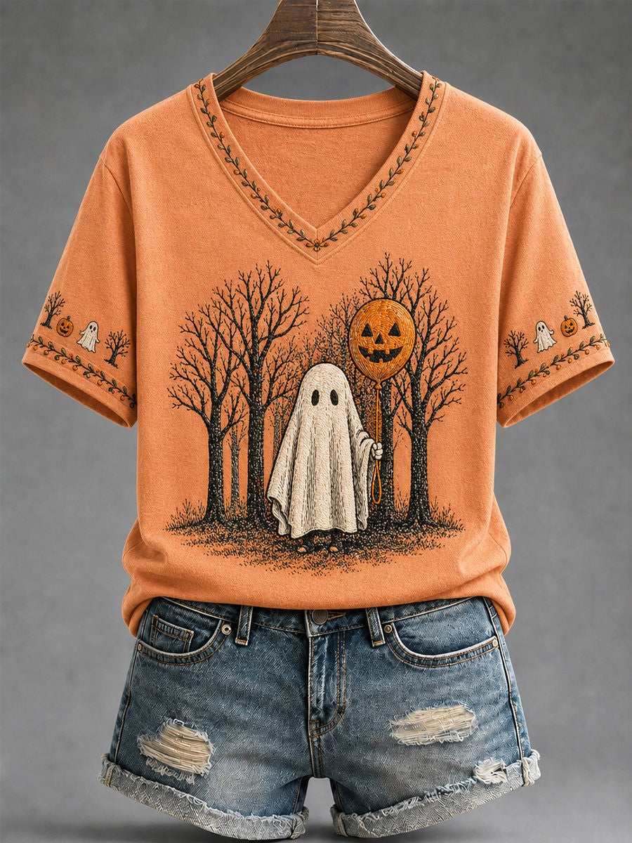 Spooky Season Cute Pumpkin Ghost V-Neck T-Shirt Halloween Nights Gift