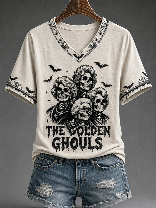 The Golden Ghouls Skeleton Skulls V-Neck T-Shirt Halloween Nights Gifts
