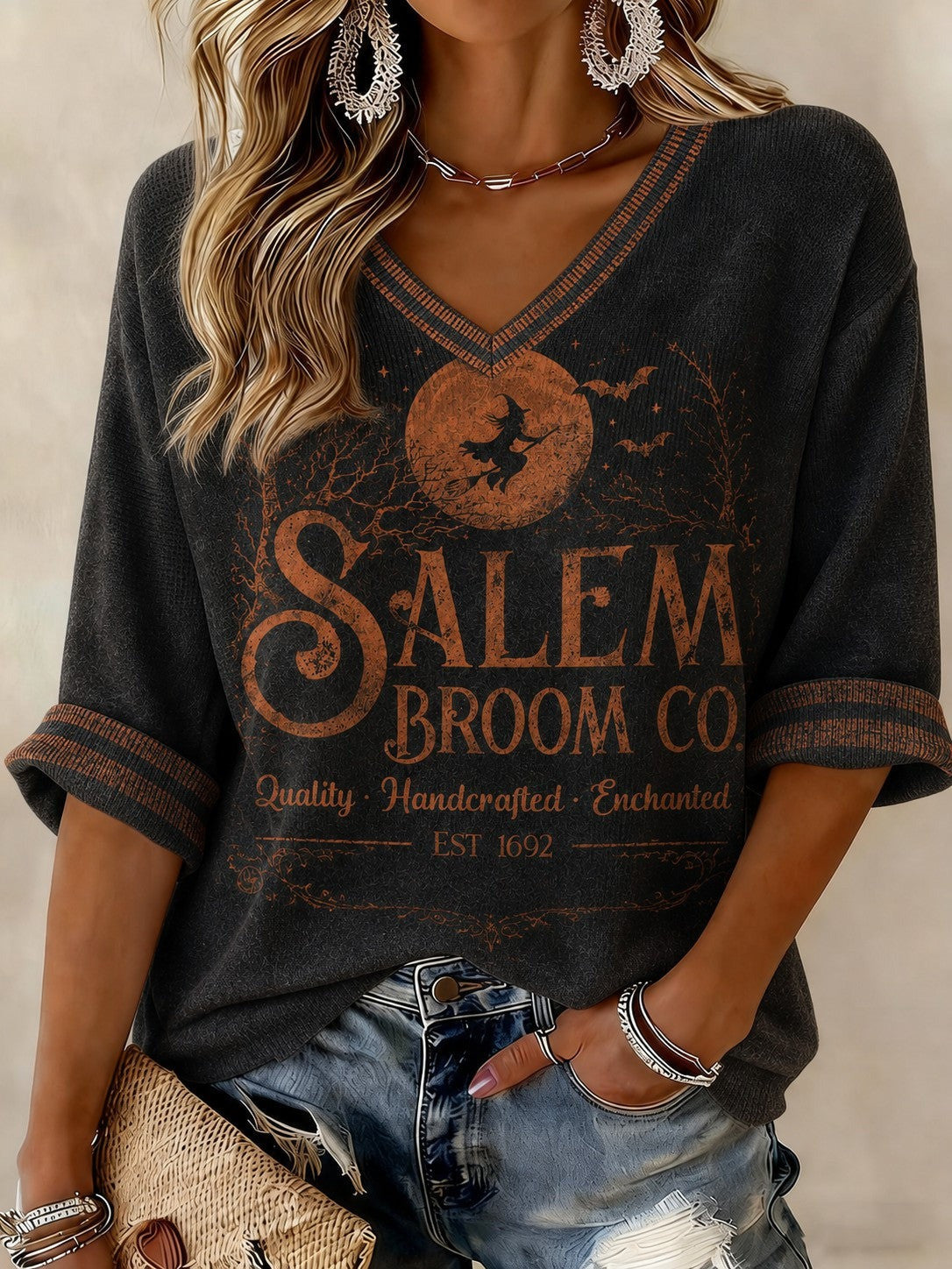 Salem Broom Company V-Neck Raglan Shirt Spooky Season Apparel