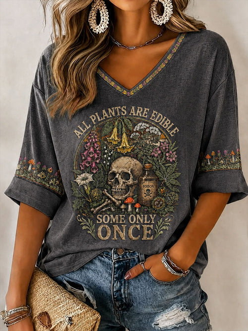 All Plants Are Edible Some Only Once Halloween Floral V-Neck Long Sleeve Shirt Gift For Girlfriend