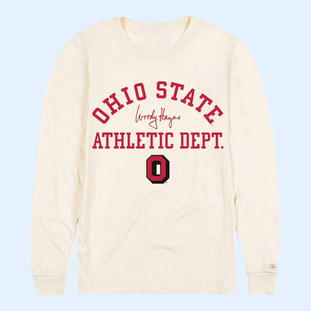 Ohio State Football Merch 2026 Ohio State Buckeyes Woody Hayes 75th Anniversary Long Sleeve Shirt