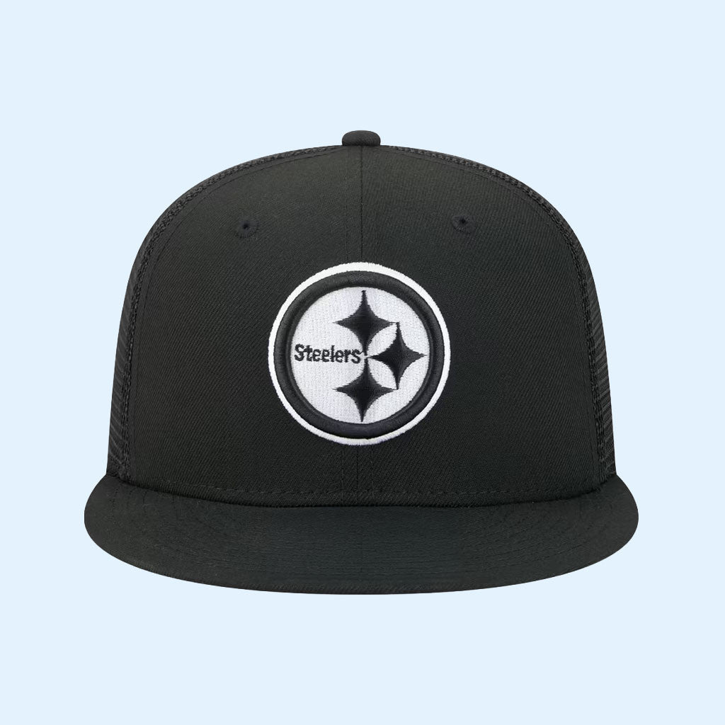 Pittsburgh Steelers Merch 2026 Steelers New Era Black White Snapback Trucker Hat Embroidered